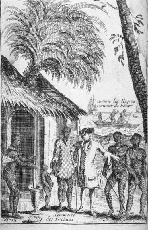 This image shows woman pounding corn with mortar and pestle in front of a thatched house (coscou). On the right, a European was buying two African men with leg irons (commerce des esclaves). In the background, European ships and a canoe with paddlers standing up (comme les Negres rament de bout). The 1699 Amsterdam edition contains a similar, albeit derivative copy, of this image (facing p. 16).
